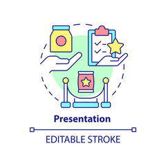 Presentation concept icon. Sales process abstract idea thin line illustration. Showing product benefits. Demonstration. Isolated outline drawing. Editable stroke. Arial, Myriad Pro-Bold fonts used
