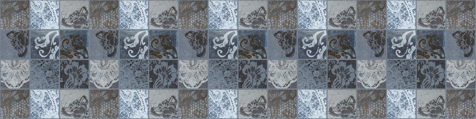 Old blue gray vintage worn shabby mosaic ornate patchwork motif porcelain stoneware tiles, with...