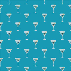 Martini glass with olive and skewer seamless pattern. Doodle style. Color hand drawn image. Repeat template. Party drinks concept. Freehand drawing. Cartoon sketch graphic draft