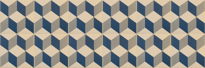 Old seamless blue beige vintage geometric shabby mosaic motif porcelain stoneware tiles stone concrete cement wall wallpaper texture background banner panorama, with square cubes 3D print