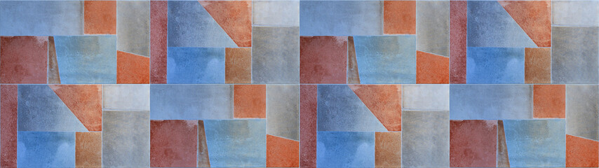 Abstract blue orange colorful geometric cement stone tile mirror wall or floor, tiles texture...