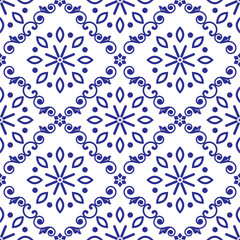 Lisbon style Azulejo tile seamless vector in indigo or navy blue with flowers and leaves, repetitive design inspired by art from Portugal

