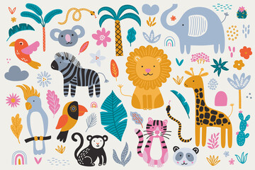 Jungle animal set - elephant, lion, tiger, giraffe, zebra, cockatoo, toucan