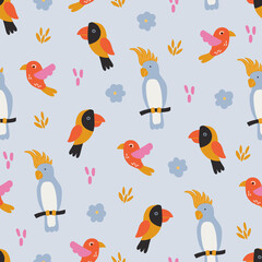 Fototapeta na wymiar Summer seamless pattern with parrot, cockatoo, toucan, leaves, flowers