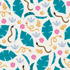 Summer seamless pattern with snake, flower, palm leaves