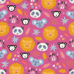 Summer seamless pattern with lion, tiger, monkey, panda, koala, flowers