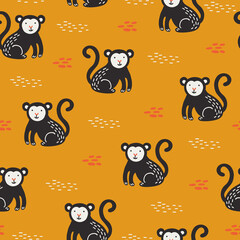 Summer seamless pattern with monkey on yellow background