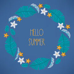 Summer greeting card with palm leaves and flowers. Scandinavian style