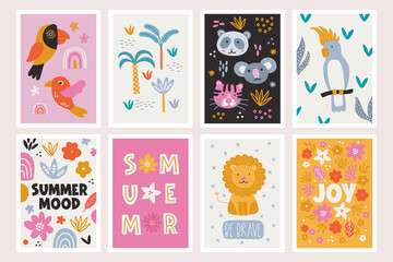 Summer greeting cards with parrot, toucan, rainbow, panda, koala, tiger