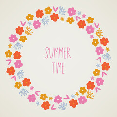 Summer greeting card with colorful flowers and leaves. Scandinavian style