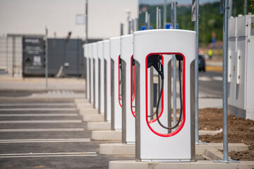 Electric car charging station, parking for electric and hybrid vehicles with chargers. Network of...