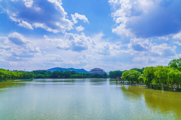 Sky, white clouds and lake scenery