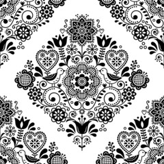 Scandinavian seamless folk art vector pattern with birds and flowers, Nordic textile or fabric print decor in black and white