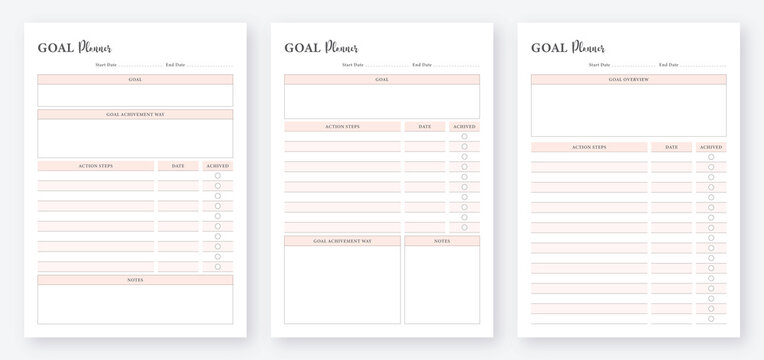 Goal Planner Template. Task Planner Design. Project Planner Template. Minimalist Planner Pages Template Set.	3 Set of minimalist goal Planners. - Powered by Adobe