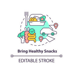 Bring healthy snacks concept icon. Healthcare. Vitamin packed snacks. Road trip tip abstract idea thin line illustration. Isolated outline drawing. Editable stroke. Arial, Myriad Pro-Bold fonts used
