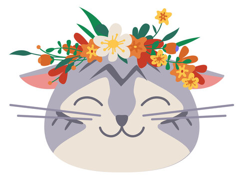 Happy cat in flower wreath. Cute pet portrait