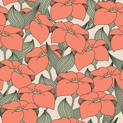 Vintage floral pattern with coral lily on beige background