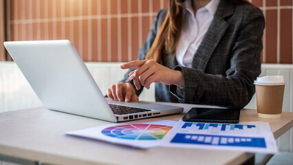Working Process in Modern Office. Young Woman Account Manager Working at Table with New Business Project. Typing keyboard,Using Contemporary Laptop.