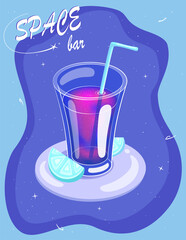 Vector illustration of a glass full of liquid galaxy and stars inside with blue neon oranges.