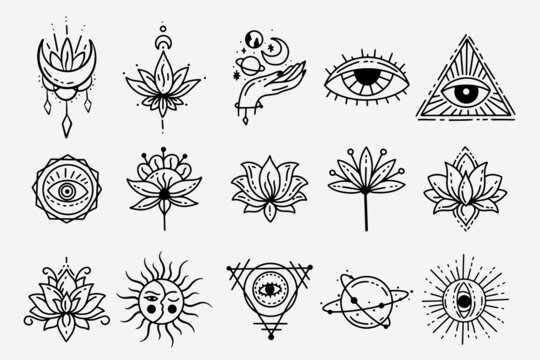 Set Collection Mystical Celestial Dark Holy Simple Minimalism Tattoo Clipart Symbol space doodle Esoteric elements vintage illustration
