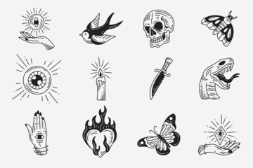 Fototapeta premium Set Collection Mystical Celestial Dark Holy Simple Minimalism Tattoo Clipart Symbol space doodle Esoteric elements vintage illustration