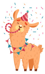 Happy llama in party hat. Holiday celebration character © LadadikArt