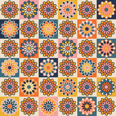 Handicraft crochet illustration. Vintage vector seamless surface pattern design. Patchwork craft modern textile print in retro style. Cottagecore aesthetic