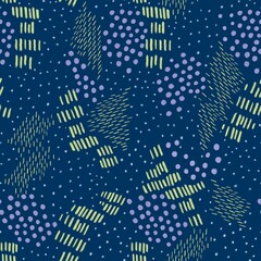 Deep blue abstract dots and spots seamless pattern. Neon stripes ornament background. 