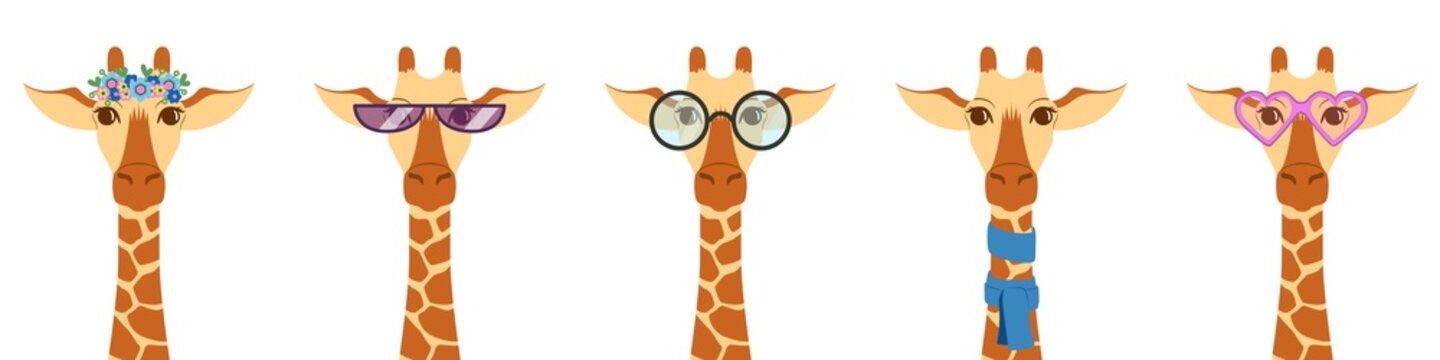 A collection of portraits of cute giraffes in glasses, scarf, with a wreath of flowers. Vector illustration isolated on white background