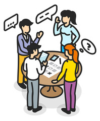 Team brainstorm icon. Isometric people talking about work