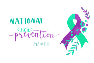 national suicide prevention month hand lettering vector illustration. Teal and purple colors