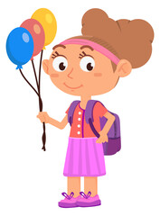 Cute girl with balloons. Happy school kid character