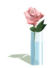 Single pink rose in cylindrical vase in light flat style, isolated on white background