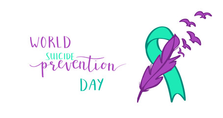 world suicide prevention day hand lettering vector illustration. Teal and purple colors
