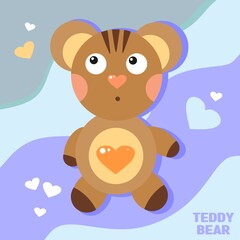 Children's illustration of a teddy bear toy. Brown cute bear. A heart on the belly and a blush on the cheeks. Purple background waves. Vector