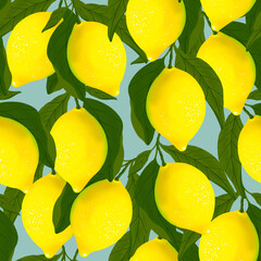 Pattern with lemons branches on blue background