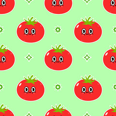 Cute funny tomato green pattern character. Vector hand drawn traditional cartoon vintage, retro, kawaii character illustration icon. Isolated on white background. Pattern tomato character concept