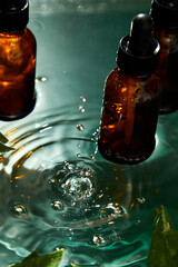 Bottle with herbal serum, oil cosmetic ad, simple and natural skincare concept