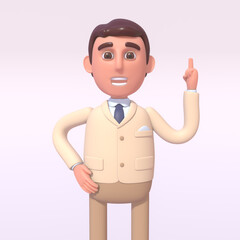 3d render of businessman in suit pointing up, sudden idea, creativity concept