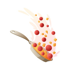 A pan with fried rice and vegetables. Kitchen utensil, home made dish.