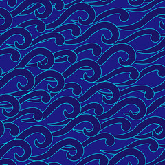 Seamless pattern, vector, hand drawn. Blue wave, simple line art pattern.