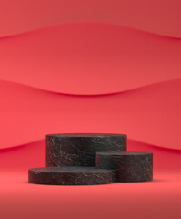 Three round black marble podiums against a red wall with waves. Vertical template, abstract background. 3d rendering