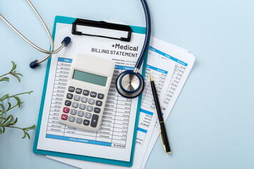 Medical billing statement with calculator, hospital payment, healthcare cost on blue background