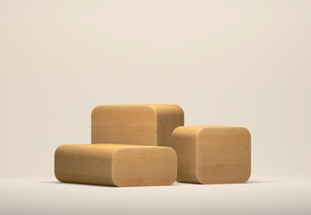 Wooden minimalistic square podiums against a light wall. Template, abstract background. 3d rendering