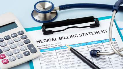Medical billing statement with doctor stethoscope and calculator