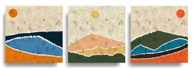 Design for social media template, web banner. Torn paper. Vector landscape illustration. Boho grunge wall art concept. Hills, seascape, mountains. Japanese wave line pattern. Mountain background.