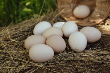 Fresh raw eggs and straw on wooden surface outdoors, closeup