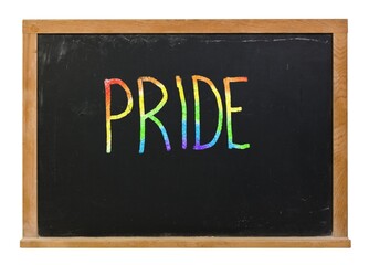 Fototapeta premium Pride written in colorful chalk rainbow colors on a black chalkboard isolated on white