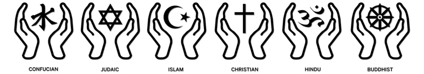 World religion hands symbols - Christianity, Islam, Hinduism, Confucian, Buddhism and Judaism, with English labeling. Illustration. Eps10 Vector