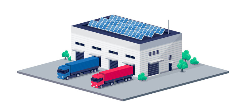 Warehouse logistic hall centre with semi truck unloading process. Company business cargo transport delivery vehicles. Renewable solar electricity energy on factory roof. Retail shipping distribution.